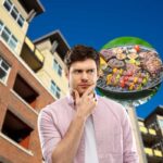 condominio e uomo con pensa con vignetta barbecue