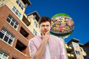 condominio e uomo con pensa con vignetta barbecue