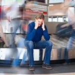Uomo seduto sul rullo dei bagagli in aeroporto tiene le mani sulla testa