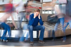 Uomo seduto sul rullo dei bagagli in aeroporto tiene le mani sulla testa