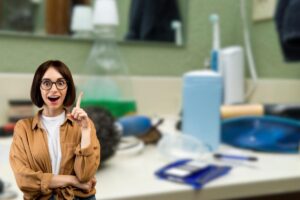 bagno disordinato sullo sfondo e donna che ha un'idea
