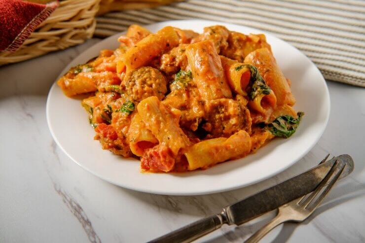 Piatto di rigatoni con sugo e basilico