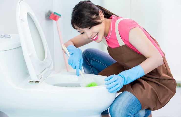 donna sorridente che pulisce wc