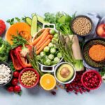 Alimenti dieta vegana, frutta, verdura, cereali, semi oleosi