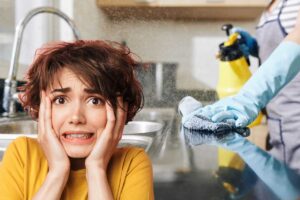 donna spaventata e un'altra che pulisce la cucina con panno in microfibra