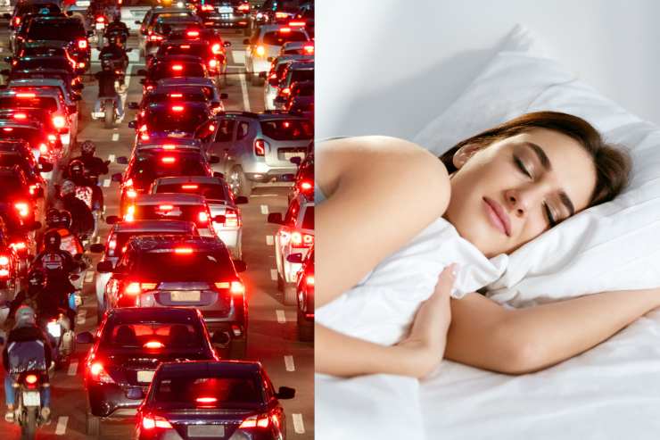 rumore urbano a sinistra, pace e comfort di persona che dorme a destra